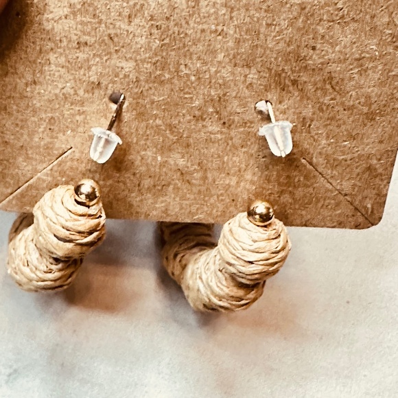 Bohemian Hoop Raffia Ratten Tan Earrings Post - Picture 2 of 8